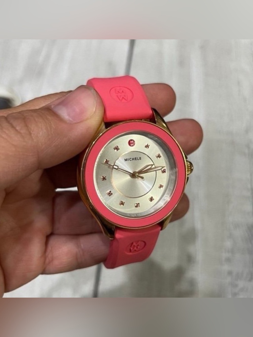 Michele Watch cape Pink Topaz Rose Goldtone Stainless Steel Silicone Strap